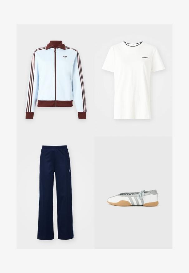 Svetlomodrá bunda na zips s hnedým golierom, manžetami, lemom a tromi hnedými prúžkami po celej dĺžke každého rukáva, s malým hnedým logom na hrudi.; Biela bavlnená tričko s krátkymi rukávmi a okrúhlym výstrihom. Obsahuje čierne logo Adidas na hrudi a kontrastný čierny vnútorný golier.; Námornícke nohavice z bavlneného zmesi s širokým strihom, elastickým pásom a zipsovými vreckami, s bielymi bočnými pruhmi a detailom loga.; Biele a sivé balerínky s okrúhlou špičkou a elastickou šnúrkou, s tromi sivými pruhmi a béžovou gumovou podrážkou.