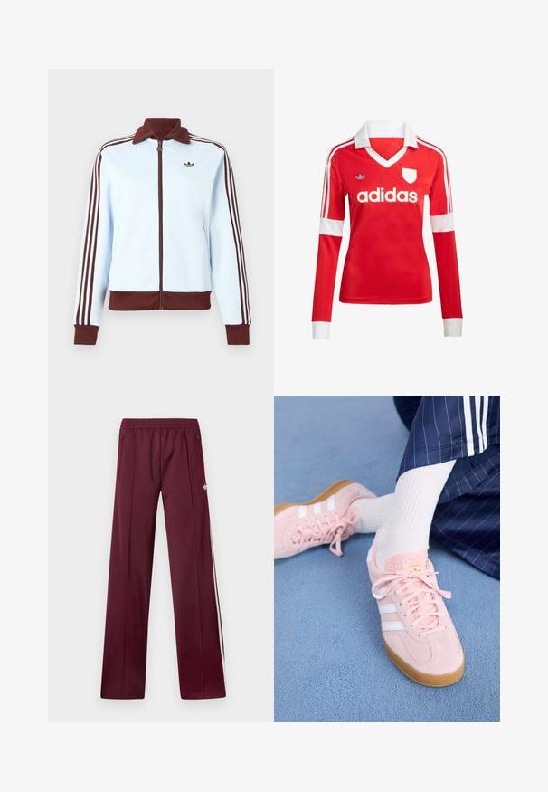 Lyseblå lynlåstrøje med brun krave, manchetter, kant og tre brune striber ned ad hver ærme, med en lille brun logo på brystet.; Rød langærmet fodboldtrøje med hvid krave og manchetter. Har tre hvide striber på skuldrene og "adidas" logoet fremtrædende vist.; Bordeaux løbebukser med elastisk taljebånd, sidelommer med lynlås, hvide sidelommer og et lille hvidt Adidas-logo på højre lår.; Lyserøde ruskinds sneakers med hvide striber og snørebånd, udstyret med en struktureret tunge og en gummisål, placeret på et blåt tæppe.