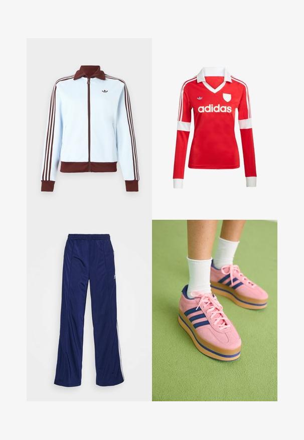 Svetlomodrá bunda na zips s hnedým golierom, manžetami, lemom a tromi hnedými prúžkami po celej dĺžke každého rukáva, s malým hnedým logom na hrudi.; Červený futbalový dres s dlhým rukávom a bielym golierom a manžetami. Na ramenách sú tri biele pruhy a výrazne zobrazené logo "adidas".; Námornícke športové nohavice s elastickým pásom, rovnými nohavicami a bočnými zipsami. Obsahujú biele lemovanie po stranách. Hladká textúra látky.; Ružové semišové platformové tenisky s modrými pruhmi a ružovými šnúrkami. Tlustá béžová podrážka s modrým akcentom. Nosí sa s bielymi členkovými ponožkami na zelenej ploche.
