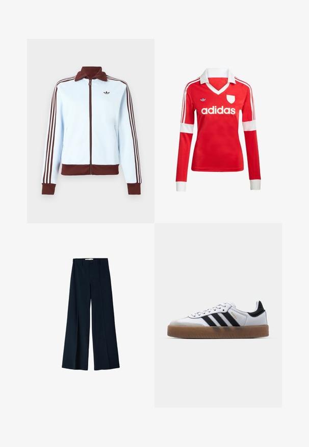 Veste zippée bleu clair avec col, poignets et ourlet marron, ainsi que trois rayures marron sur chaque manche, ornée d'un petit logo marron sur la poitrine.; Maillot de football à manches longues rouge avec un col et des poignets blancs. Présente trois rayures blanches sur les épaules et le logo "adidas" affiché en évidence.; Pantalons larges navy en tissu lisse, dotés de deux plis avant et d'une fermeture à un bouton à la taille.; Baskets en cuir blanc avec des rayures noires, semelle extérieure en caoutchouc beige, bout rond, fermeture lacée et embout en suède gris doux.