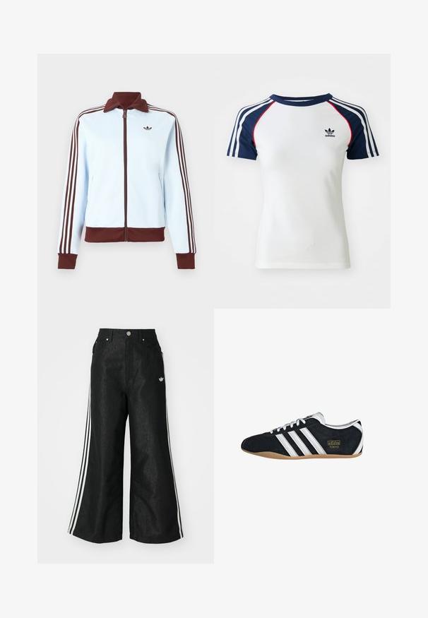 Chaqueta azul claro con cremallera, con cuello, puños y dobladillo marrones, y tres franjas marrones en cada manga, con un pequeño logo marrón en el pecho.; Camiseta de algodón blanca con mangas raglán azul marino, que presenta tres franjas blancas y un pequeño logo de Adidas negro en el pecho. Acentos rojos.; Pantalones de denim anchos y negros con tres franjas blancas en cada lado y un pequeño logo blanco. Cuenta con bolsillos frontales y un cierre de botón.; Zapatillas de ante negro con tres franjas blancas, logotipo dorado y suela de goma marrón. Presentan un diseño de cordones de perfil bajo.