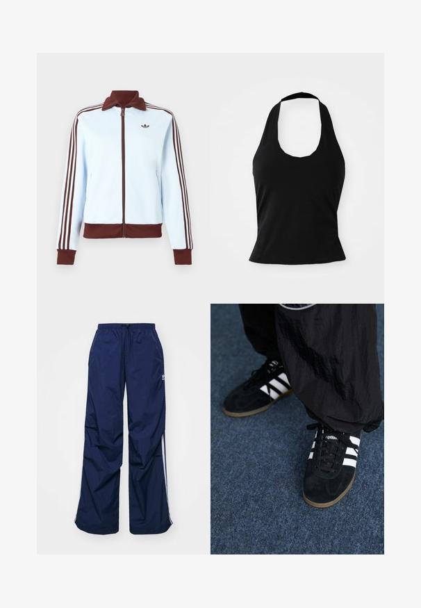 Svetlomodrá bunda na zips s hnedým golierom, manžetami, lemom a tromi hnedými prúžkami po celej dĺžke každého rukáva, s malým hnedým logom na hrudi.; Čierny top na viazanie za krk vyrobený z jemnej tkaniny, s výstrihom vo forme lulky a priliehavým strihom, hladkej textúry a bez viditeľných vzorov.; Tmavomodré, ľahké nohavice s elastickým pásom a sťahovacou šnúrkou, so svetlými bočnými pásmi a malým logom na prednej strane. Strih voľného strihu.; Čierne roháčiky z semišu so tromi bielymi pruhmi a čiernymi šnúrkami. Texturované čierne nohavice sú čiastočne viditeľné vedľa topánok.