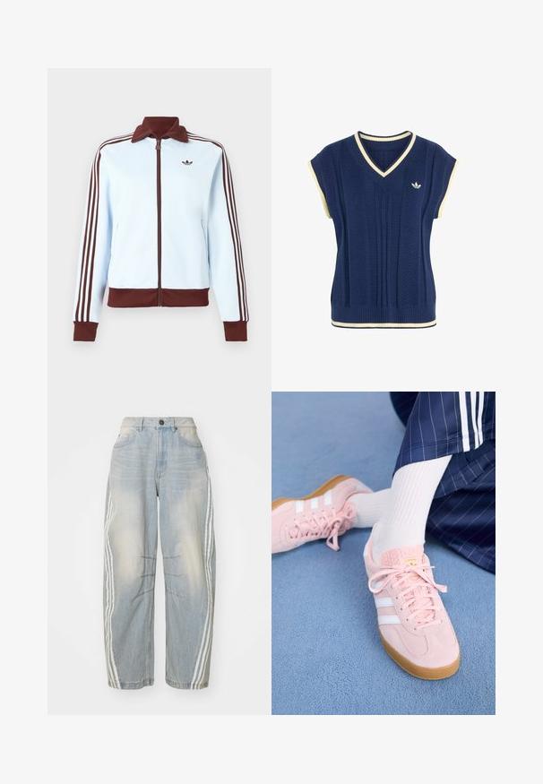 Veste zippée bleu clair avec col, poignets et ourlet marron, ainsi que trois rayures marron sur chaque manche, ornée d'un petit logo marron sur la poitrine.; Gilet sans manches en maille bleu marine avec bordure blanche au col en V, aux emmanchures et à l'ourlet, avec un petit logo Adidas blanc sur la poitrine.; Jeans en denim bleu clair avec une coupe ample, présentant des rayures blanches sur les côtés, des détails déchirés et une fermeture par bouton à la taille.; Des sneakers en daim rose clair avec des rayures et des lacets blancs, dotés d'une languette texturée et d'une semelle en gomme, posées sur un tapis bleu.