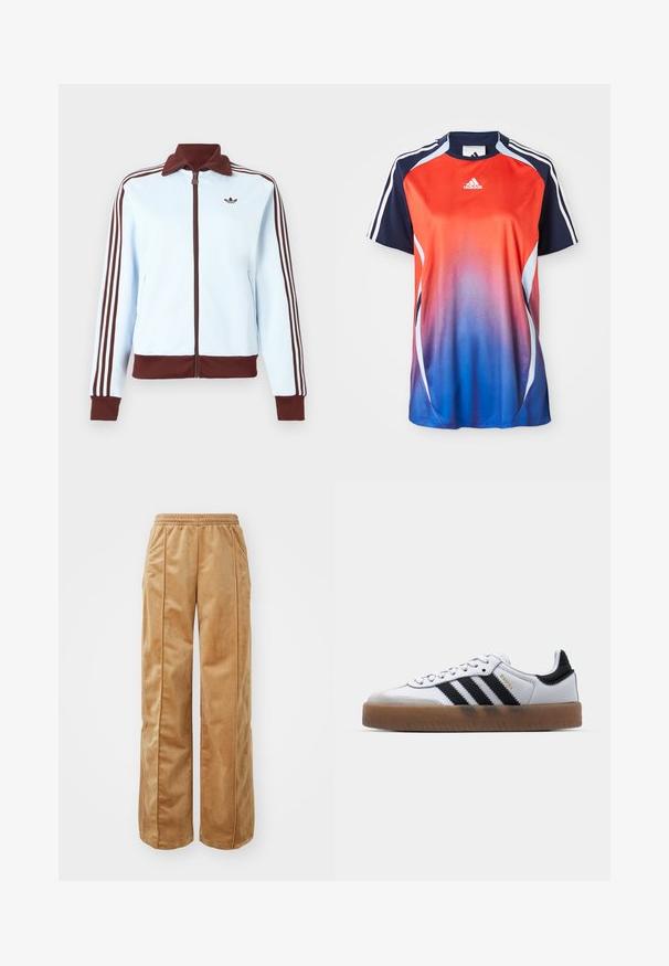 Chaqueta azul claro con cremallera, con cuello, puños y dobladillo marrones, y tres franjas marrones en cada manga, con un pequeño logo marrón en el pecho.; Camisa deportiva de manga corta de Adidas con un degradado que va del rojo al azul, con detalles en azul marino y rayas blancas a lo largo de los hombros.; Pantalones de pierna ancha en tono beige, fabricados con un material suave y aterciopelado. Cuentan con una cinturilla elástica y costuras verticales en la parte delantera para un detalle adicional.; Zapatillas de cuero blancas con rayas negras, suela de goma, puntera redonda, cierre de cordones y caperuza de ante gris suave.