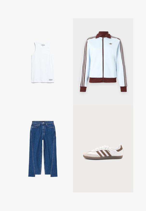 Hellblauer Reißverschlussjacke mit braunem Kragen, Bündchen, Saum und drei braunen Streifen an jedem Ärmel, mit einem kleinen braunen Logo auf der Brust.; Weißes Tanktop aus Baumwolle. Verfügt über breite Träger und einen abgerundeten Halsausschnitt. Enthält ein kleines Markenlabel unten links.; Blaue Jeans aus Denim mit hoher Taille, Fronttaschen, Knopfleiste und Seitennähten, die in Knöchelschlitze übergehen.; Weißer Adidas Samba Sneaker mit braunen Wildlederstreifen, brauner Gummisohle und beiger Wildlederkappe, von der Außenseite auf schlichtem Hintergrund gezeigt.