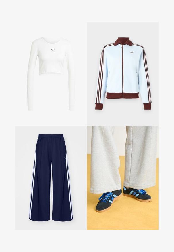 Chaqueta azul claro con cremallera, con cuello, puños y dobladillo marrones, y tres franjas marrones en cada manga, con un pequeño logo marrón en el pecho.; Camisa blanca recortada de manga larga hecha de algodón acanalado. Presenta un cuello redondo y un pequeño logo negro de Adidas en el pecho.; adidas Originals PANT - Pantalones deportivos - night indigo; Zapatillas de ante negras y azules con cordones azules y acentos a rayas, combinadas con pantalones de pierna ancha gris claro, sobre un suelo amarillo.
