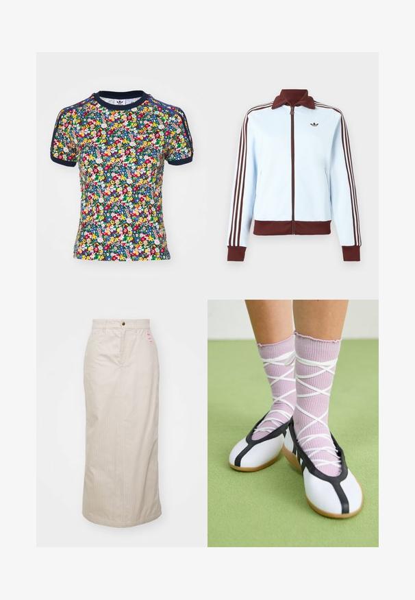Svetlomodrá bunda na zips s hnedým golierom, manžetami, lemom a tromi hnedými prúžkami po celej dĺžke každého rukáva, s malým hnedým logom na hrudi.; Košeľa s krátkym rukávom s kvetinovým vzorom v námorníckej modrej farbe, ktorá má jasné kvety na tmavom pozadí, okrúhly výstrih a kontrastné lemovanie pozdĺž rukávov.; Béžová sukňa s pruhmi a vysokým pásom, skrytý zips a kovové zapínanie na gombík. Obsahuje malú značkovú etiketu na prednej strane.; Nohy v rebrovaných levanduľových ponožkách s bielymi krížovými pásmi v kombinácii s bielymi baletnými papučkami s čiernym lemom na zelenej podlahe.