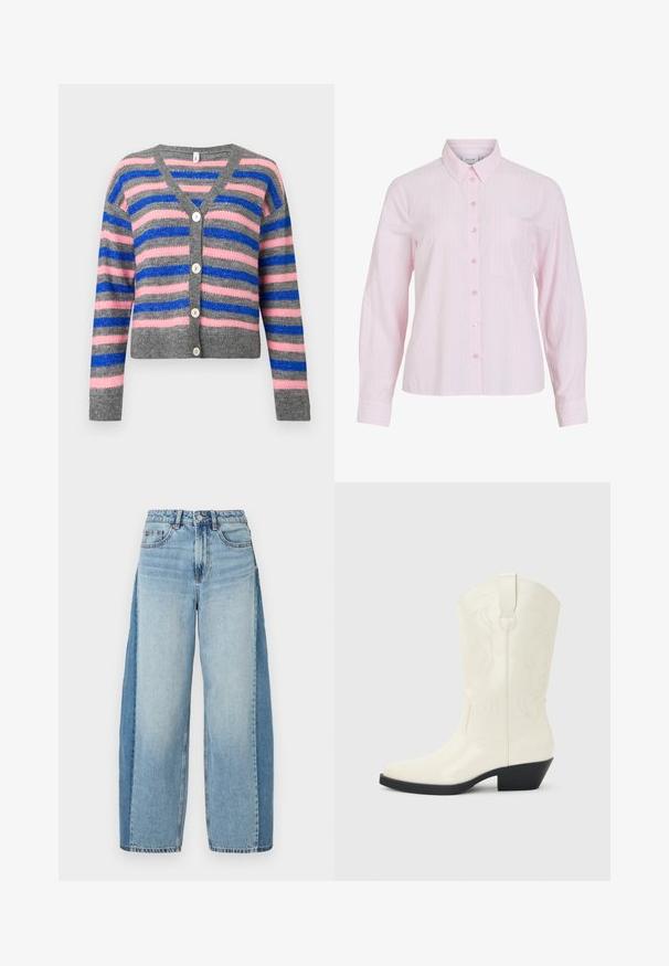 Grijze, gestreepte cardigan met roze en blauwe horizontale lijnen, V-hals, lange mouwen en sluiting met vijf knopen. Zachte textuur, cropped ontwerp.; Lichtroze shirt met lange mouwen en verticale witte strepen, knoopsluiting aan de voorkant, kraag en een borstzak aan de linkerkant. Soepele katoenen stof.; Lichtblauwe denim wijde jeans met een vervaagde afwerking, vijf zakken, knoopsluiting en rafelige zomen. Versleten textuur en stiksels als accenten.; Witte westernlaars tot halverwege de kuit met puntige neus, zwarte gestapelde hak, decoratieve stiknaden en een lus aan de schacht.