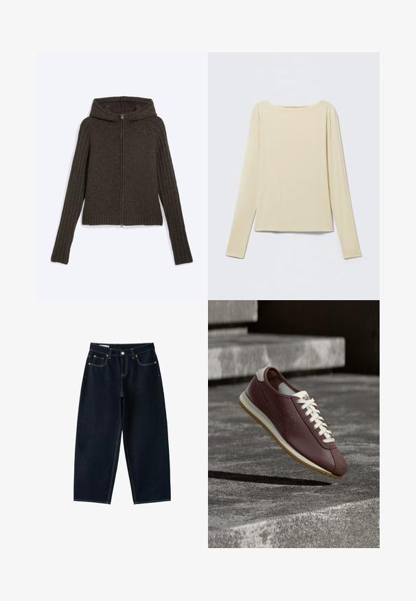 Sweat à capuche zippé en maille marron foncé avec manches longues côtelées et ourlet sur fond clair.; Haut beige à manches longues et cintré avec un col bateau, présenté à plat sur un fond clair.; Jean bleu foncé à jambes larges avec cinq poches, fermeture par bouton et coutures contrastées sur fond blanc.; Baskets Nike bordeaux avec lacets blancs et semelle beige suspendues au-dessus de marches en béton gris en plein air.