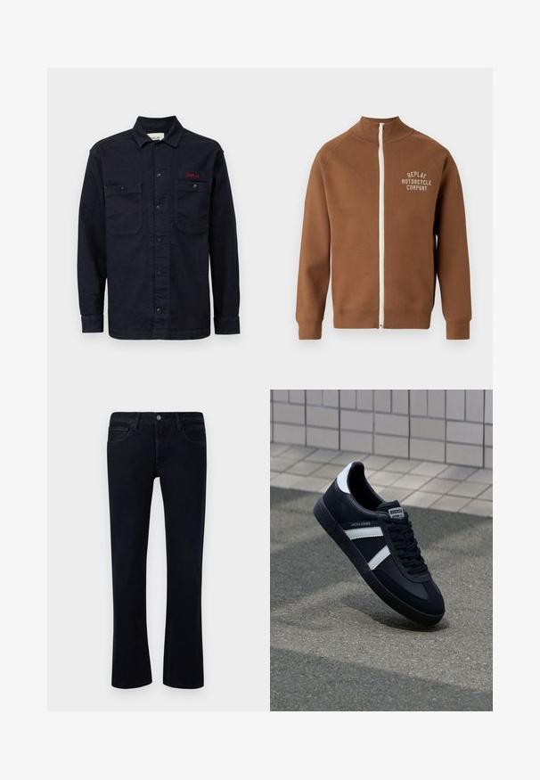 Brun lynlåsjakke med ståkrave, der har en cremefarvet lynlås og "REPLAY MOTORCYCLE COMPANY" logo i lys beige på brystet.; Mørkeblå denimskjorte med lange ærmer, knaplukning foran, to brystlommer og et lille rødt "REPLAY" logo på den venstre lomme.; Sorte denim jeans med let flair, fem-lomme-design, bæltestropper og knaplukning på en hvid baggrund.; Sort lædersneaker med hvide striber, tekstureret gummisål og snørrebånd foran. Har et brandet mærke på tungen.