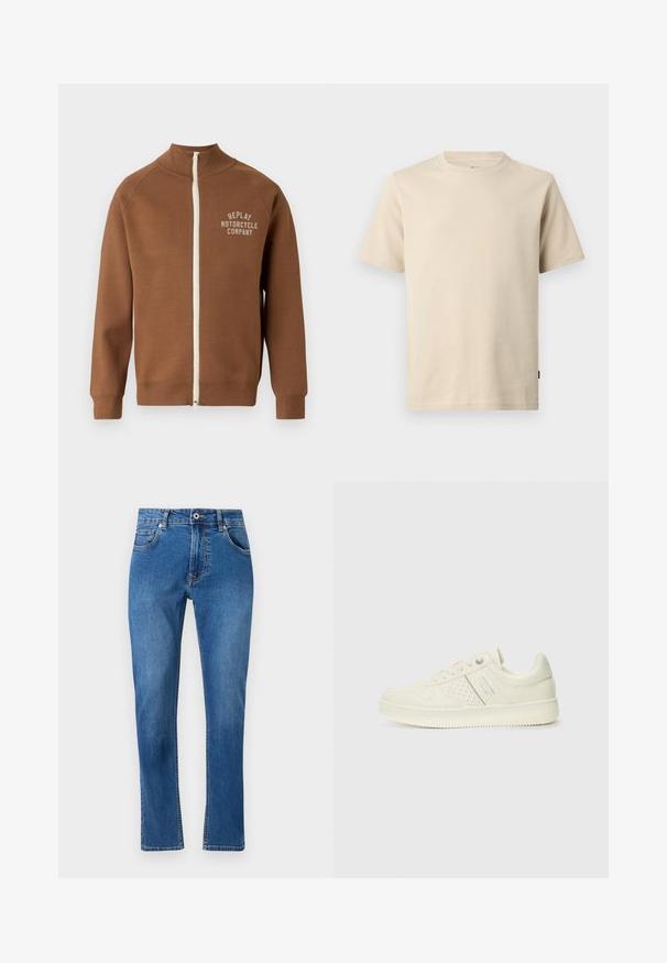Chaqueta marrón con cremallera y cuello alzado, que presenta una cremallera crema y el logo "REPLAY MOTORCYCLE COMPANY" en beige claro en el pecho.; Camiseta de algodón beige de manga corta con cuello redondo, costuras mínimas y un pequeño logo tonal en el pecho izquierdo.; Jeans de mezclilla azul con diseño de pierna recta, cinco bolsillos y detalles de costura visibles. El material muestra un ligero desvanecimiento. Estilo clásico.; Zapatilla color crema con detalles perforados, cordones y logotipo en el lateral, exhibida sobre un fondo blanco liso.
