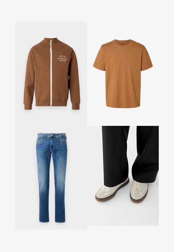 Braune Zip-Jacke mit Stehkragen, mit einem cremefarbenen Reißverschluss und dem Logo "REPLAY MOTORCYCLE COMPANY" in hellbeige auf der Brust.; Schlichtes braunes Baumwoll-T-Shirt mit kurzen Ärmeln, Rundhalsausschnitt und regulärer Passform, mit dem Aufdruck „Selected Homme“ im Innenkragen.; Herren Jeans aus blauem Denim mit einem verwaschenen Finish, gerader Beinschnitt, fünf Taschen und einem Knopfverschluss vorne. Genähte Akzente an den Taschen.; Füße mit beigen Sneakers mit braunen Sohlen und schwarzen Hosen mit weitem Bein auf weißem Hintergrund.