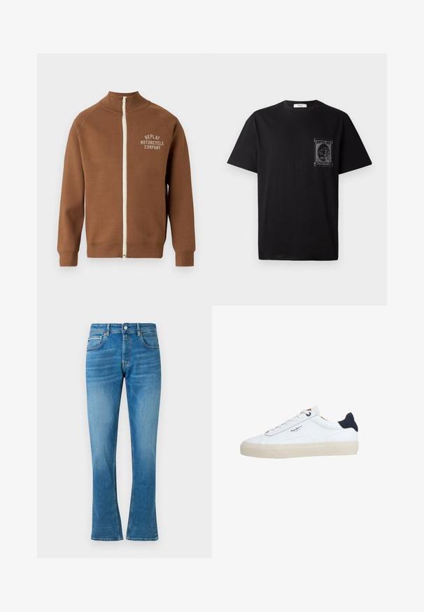 Braune Zip-Jacke mit Stehkragen, mit einem cremefarbenen Reißverschluss und dem Logo "REPLAY MOTORCYCLE COMPANY" in hellbeige auf der Brust.; Schwarz Baumwoll-T-Shirt mit kurzen Ärmeln, ausgestattet mit einem grafischen Druck auf der linken Brust und einem kleinen roten Akzent am Halsauschnitt.; Blaue Denim- Schlagjeans mit normaler Taille, zwei Fronttaschen und leichter Abnutzung. Der Stoff hat eine weiche Textur und traditionelle Nähte.; Weißer Sneaker in niedriger Schnittform mit beiger Sohle, weißen Schnürsenkeln, schwarzem Fersenlasche und dem "Pepe Jeans London"-Logo an der Seite.