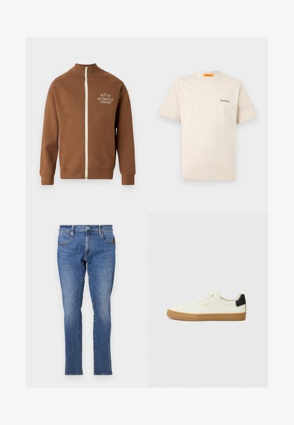 Veste marron zippée avec col montant, présentant une fermeture éclair crème et le logo "REPLAY MOTORCYCLE COMPANY" en beige clair sur la poitrine.; Replay Inc. ESSENTIAL LOGO UNISEX - T-shirt basique - ivory; Jeans en denim bleu avec un design classique à jambe droite, style cinq poches et accents de coutures oranges. Le tissu est texturé et durable.; Sneaker en toile blanche avec une semelle en gomme, accent au talon noir, bout rond et design à lacets. Présente le logo de la marque en doré sur le côté.