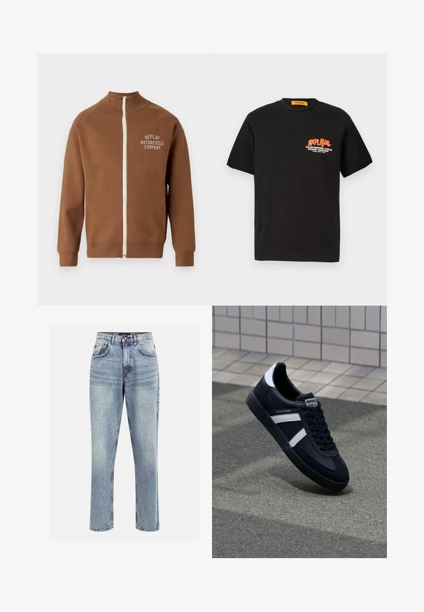 Chaqueta marrón con cremallera y cuello alzado, que presenta una cremallera crema y el logo "REPLAY MOTORCYCLE COMPANY" en beige claro en el pecho.; Camiseta de algodón negra con mangas cortas, que presenta un diseño gráfico de texto en naranja y blanco en la parte delantera. Cuello redondo, ajuste relajado.; Jeans de mezclilla de tiro alto en azul claro con un corte recto, cinco bolsillos y cierre de botón. Presentan un desgastado sutil y detalles de costura.; Zapatilla de cuero negra con rayas blancas, suela de goma texturizada y parte frontal con cordones. Cuenta con una etiqueta de marca en la lengüeta.
