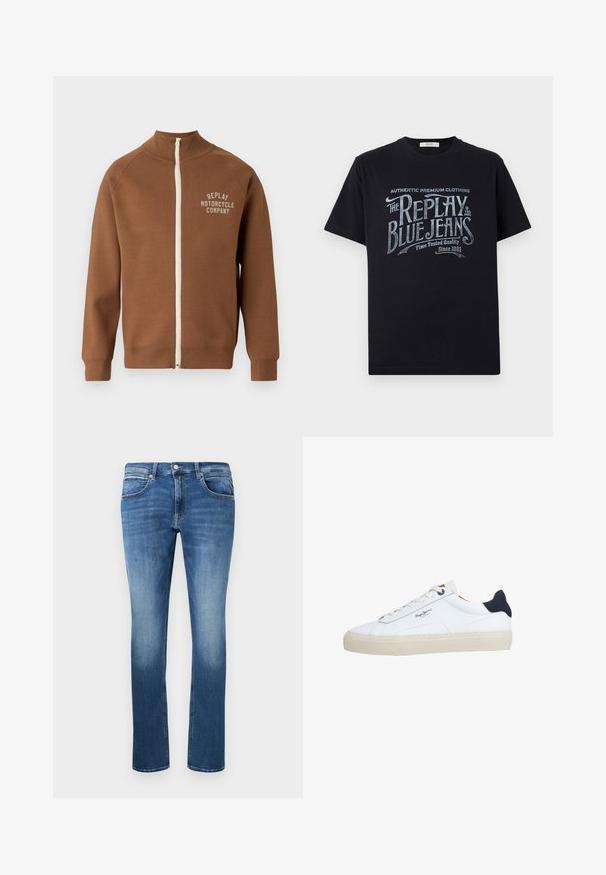 Chaqueta marrón con cremallera y cuello alzado, que presenta una cremallera crema y el logo "REPLAY MOTORCYCLE COMPANY" en beige claro en el pecho.; Camiseta de algodón negra de manga corta y cuello redondo, con un diseño gráfico de texto en estilo vintage en blanco y azul claro en la parte frontal.; Jeans de mezclilla azul con corte recto, que presentan un ligero desgastado, cinco bolsillos y una bragueta con botón y cremallera. Detalles de costura a lo largo de las costuras.; Zapatilla deportiva blanca de corte bajo con suela beige, cordones blancos, lengüeta trasera negra y logotipo "Pepe Jeans London" en el lateral.
