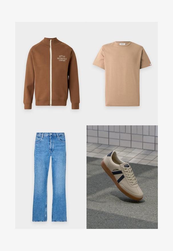 Braune Zip-Jacke mit Stehkragen, mit einem cremefarbenen Reißverschluss und dem Logo "REPLAY MOTORCYCLE COMPANY" in hellbeige auf der Brust.; Beige Baumwoll-T-Shirt mit Rundhalsausschnitt, kurzen Ärmeln und einem dezenten, geprägten "REPLAY"-Logo auf der Vorderseite. Glenzige Textur, lockere Passform.; Blaue, gerade geschnittene Jeans aus Denim mit einem verfärbten Waschlook. Mit Knopfverschluss, Gürtelschlaufen und dem klassischen Fünf-Taschen-Design.; Beige Sneaker mit strukturierter Oberfläche, dunkelblauen Streifen und Gummisohle. Verfügt über eine gepolsterte Zunge und ein traditionelles Schnürsystem für einen sicheren Sitz.