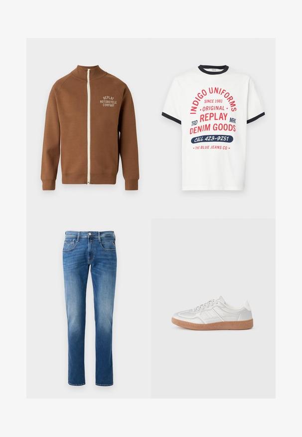 Braune Zip-Jacke mit Stehkragen, mit einem cremefarbenen Reißverschluss und dem Logo "REPLAY MOTORCYCLE COMPANY" in hellbeige auf der Brust.; Weißes Baumwoll-T-Shirt mit marineblauem Kragen und Bündchen, mit roten und blauen grafischen Texten, darunter "INDIGO UNIFORMS" und "RUFEN SIE 423-9251 AN."; Herren Jeans aus blauem Denim mit einem verwaschenen Finish, gerader Beinschnitt, fünf Taschen und einem Knopfverschluss vorne. Genähte Akzente an den Taschen.; Silberne Sneakers mit glatter Textur, Schnürdesign, durchbrochenen Akzenten und einer strukturierten braunen Gummisohle.