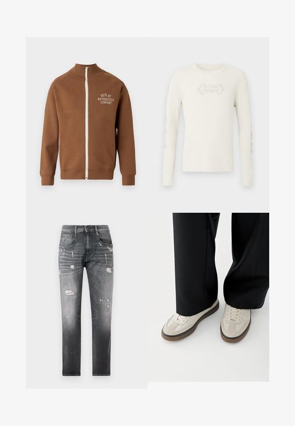 Brun lynlåsjakke med ståkrave, der har en cremefarvet lynlås og "REPLAY MOTORCYCLE COMPANY" logo i lys beige på brystet.; Langærmet cremefarvet ribstrikket T-shirt med "DODGE DEMON" broderet på forsiden og grafik trykt på højre ærme. Blød tekstur.; Falmede sorte denimjeans med slidte lapper. Har fem lommer, en knaplukning og en lige ben-design.; Fødder iført beige sneakers med brune såler og sorte bukser med vide ben på hvid baggrund.