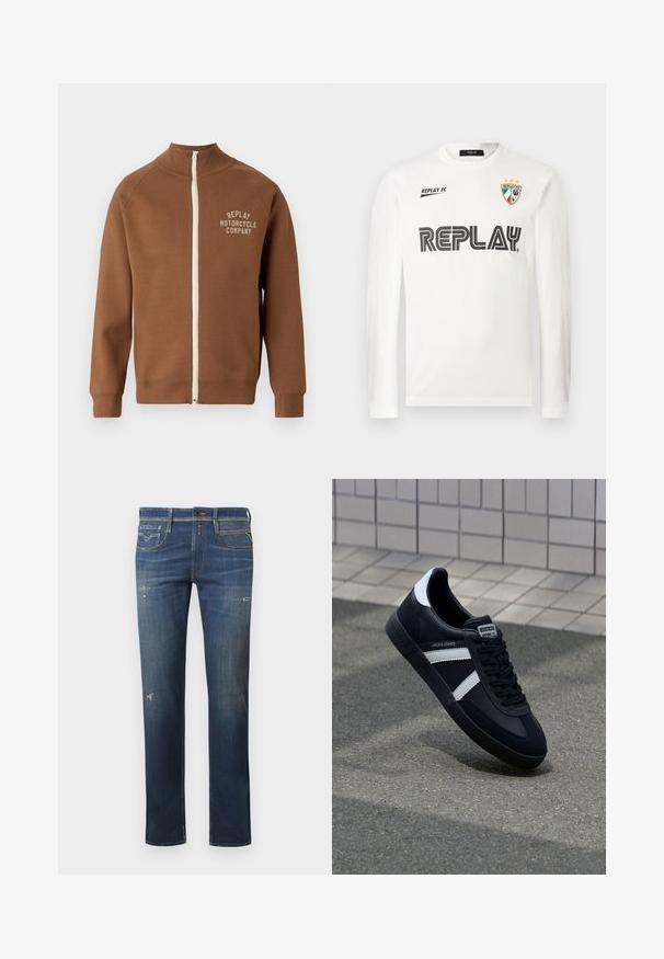 Bruine zip-up jas met staande kraag, voorzien van een crèmekleurige rits en het "REPLAY MOTORCYCLE COMPANY" logo in lichtbeige op de borst.; Witte lange mouwen shirt met zwarte "REPLAY" tekst over de borst, kleine "REPLAY FC" tekst op de bovenlinkerzijde, en een driekleurig schildembleem met drie sterren op de bovenrechterside.; Donkerblauwe denim jeans met een rechte pijp, voorzien van versleten plekken, subtiele vervaging en een traditionele vijf-pocketontwerp met een knoopsluiting.; Zwarte leren sneaker met witte strepen, een gestructureerde rubberen zool en vetersluiting aan de voorkant. Voorzien van een merklabel op de tong.