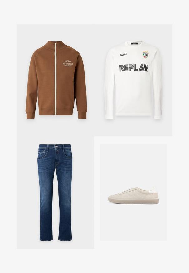Brun lynlåsjakke med ståkrave, der har en cremefarvet lynlås og "REPLAY MOTORCYCLE COMPANY" logo i lys beige på brystet.; Hvid langærmet skjorte med sort "REPLAY" tekst henover brystet, lille "REPLAY FC" tekst øverst til venstre, og et tri-farvet skjold emblem med tre stjerner øverst til højre.; Mørkeblå straight-leg jeans med forreste knap, lynlås og design med fem lommer.; Beige ruskindssneaker med en tekstureret overdel, glat hvid hælkappe, tynde snørebånd og en gummi-ydersål. Har et lavt profil design.