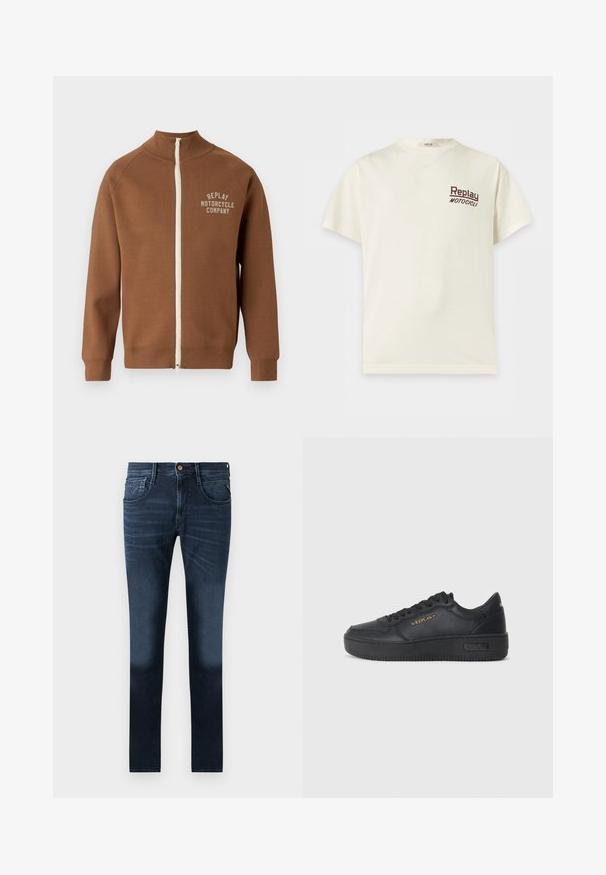 Brun lynlåsjakke med ståkrave, der har en cremefarvet lynlås og "REPLAY MOTORCYCLE COMPANY" logo i lys beige på brystet.; Kremfarvet T-shirt med korte ærmer og rund halsudskæring med "Replay Motocicli" trykt med små mørke bogstaver på venstre bryst.; Mørkeblå denim jeans med klassisk lige design, der har forlommer, subtil falmning og knaplukning i taljen.; Replay EPIC HIGH - Sneakers - black