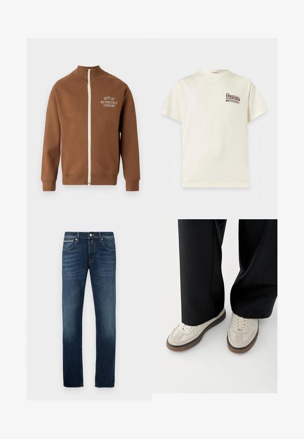 Braune Zip-Jacke mit Stehkragen, mit einem cremefarbenen Reißverschluss und dem Logo "REPLAY MOTORCYCLE COMPANY" in hellbeige auf der Brust.; Cremefarbenes T-Shirt mit kurzen Ärmeln und Rundhalsausschnitt mit "Replay Motocicli" in kleinen dunklen Buchstaben auf der linken Brust.; Dunkelblaue Gerade geschnittene Jeans mit leichter Ausbleichung an den Oberschenkeln, fünf Taschen und einem metallenen Knopfverschluss an der Taille.; Füße mit beigen Sneakers mit braunen Sohlen und schwarzen Hosen mit weitem Bein auf weißem Hintergrund.