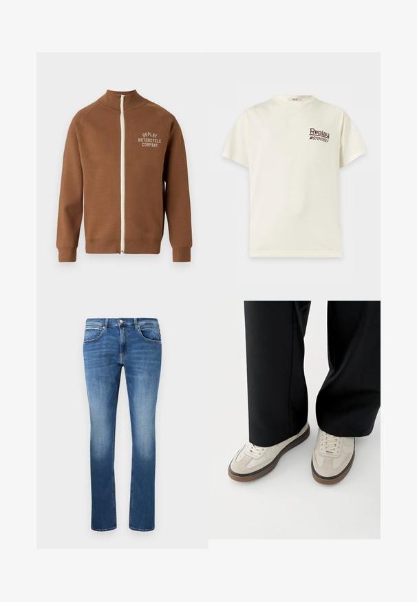 Braune Zip-Jacke mit Stehkragen, mit einem cremefarbenen Reißverschluss und dem Logo "REPLAY MOTORCYCLE COMPANY" in hellbeige auf der Brust.; Cremefarbenes T-Shirt mit kurzen Ärmeln und Rundhalsausschnitt mit "Replay Motocicli" in kleinen dunklen Buchstaben auf der linken Brust.; Blaue Jeans aus Denim mit geradem Schnitt, mit leichter Ausbleichung, fünf Taschen und einem Knopf- und Reißverschluss. Genähte Details entlang der Nähte.; Füße mit beigen Sneakers mit braunen Sohlen und schwarzen Hosen mit weitem Bein auf weißem Hintergrund.