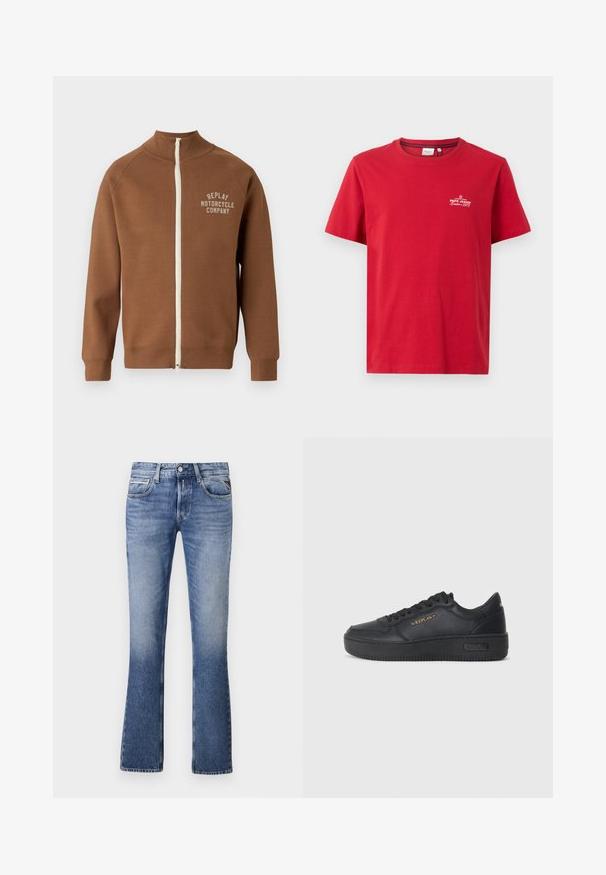 Chaqueta marrón con cremallera y cuello alzado, que presenta una cremallera crema y el logo "REPLAY MOTORCYCLE COMPANY" en beige claro en el pecho.; Pepe Jeans THIAGO TEE - Camiseta estampada - rugby red; Vaqueros de mezclilla azul claro con un diseño de pierna acampanada, que cuentan con cinco bolsillos, un cierre delantero de botón y un ligero desgaste en toda la prenda.; Replay EPIC HIGH - Zapatillas - black