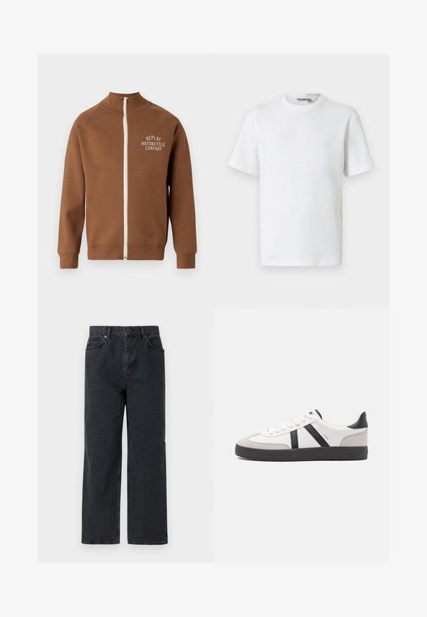 Bruine zip-up jas met staande kraag, voorzien van een crèmekleurige rits en het "REPLAY MOTORCYCLE COMPANY" logo in lichtbeige op de borst.; Wit T-shirt met korte mouwen, wafelstructuur en ronde hals, met een klein merkembleem aan de binnenkant van de kraag, afgebeeld op een effen achtergrond.; Donkerblauwe denimbroek met een wijde pijp, vijf zakken en een knoopsluiting. Inclusief hardware in koperkleur en een subtiele textuur.; Witte sneaker met zwarte en grijze accenten, voorzien van een grijze neus met textuur, zwarte rubberen zool en platte witte veters. Schoon ontwerp, minimalistische stijl.