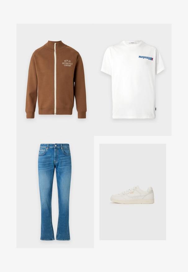 Braune Zip-Jacke mit Stehkragen, mit einem cremefarbenen Reißverschluss und dem Logo "REPLAY MOTORCYCLE COMPANY" in hellbeige auf der Brust.; Weißes Baumwoll-T-Shirt mit blauem "Replay"-Logo auf der Brust; entspannte Passform mit kurzen Ärmeln und rundem Halsausschnitt.; Blaue Denim- Schlagjeans mit normaler Taille, zwei Fronttaschen und leichter Abnutzung. Der Stoff hat eine weiche Textur und traditionelle Nähte.; Weiße Leder-Sneaker mit glatter Textur, versehen mit perforierten Akzenten, Schnürung an der Vorderseite und einem subtilen Logo in Gold an der Seite.