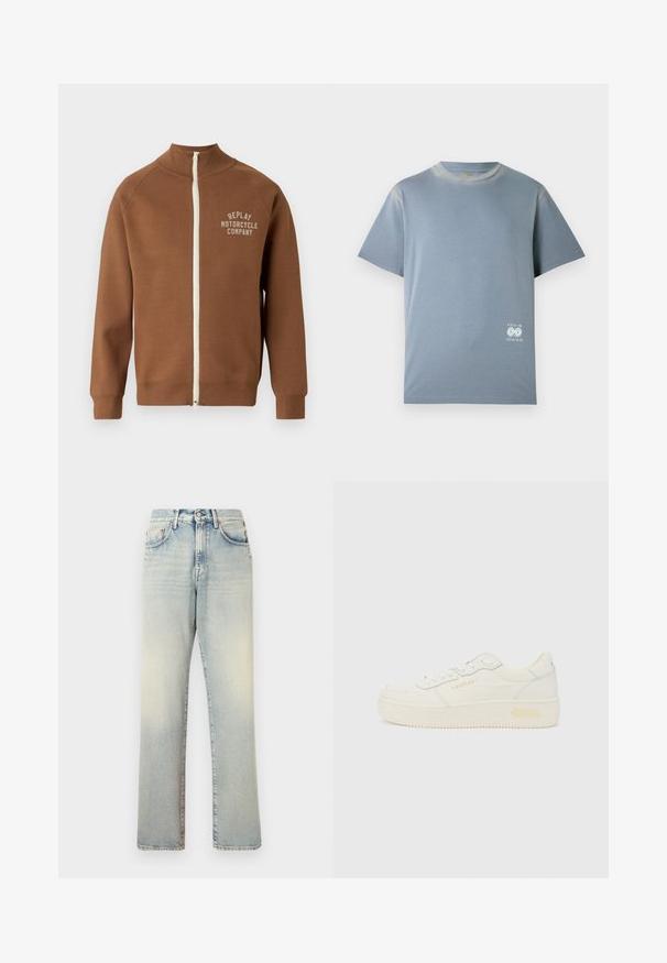 Veste marron zippée avec col montant, présentant une fermeture éclair crème et le logo "REPLAY MOTORCYCLE COMPANY" en beige clair sur la poitrine.; T-shirt bleu clair en coton doux, avec des manches courtes et un col rond. Inclut un petit graphisme blanc sur le bas du devant.; Jean en denim bleu clair avec une coupe décontractée, jambes droites et design à cinq poches. Présente une apparence délavée et des accents en métal.; Baskets basses blanches avec lacets à l’avant, semelle épaisse et marquage subtil "REPLAY" sur le côté et le talon, vues de profil.