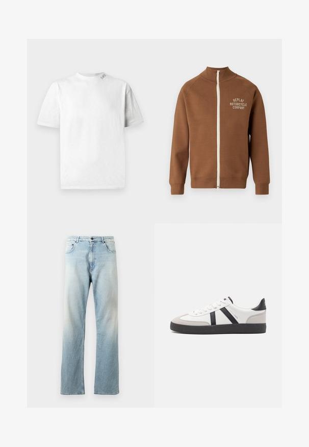 Veste marron zippée avec col montant, présentant une fermeture éclair crème et le logo "REPLAY MOTORCYCLE COMPANY" en beige clair sur la poitrine.; T-shirt blanc à manches courtes avec un col rond, présentant une texture subtile et un petit logo sur l'épaule gauche.; Jeans en denim bleu clair avec une coupe droite, présentant une texture délavée, un style à cinq poches et une fermeture à bouton au niveau de la taille.; Baskets blanches avec des accents noirs et gris, présentant un embout texturé gris, une semelle en caoutchouc noir et des lacets plats blancs. Design épuré, style minimaliste.