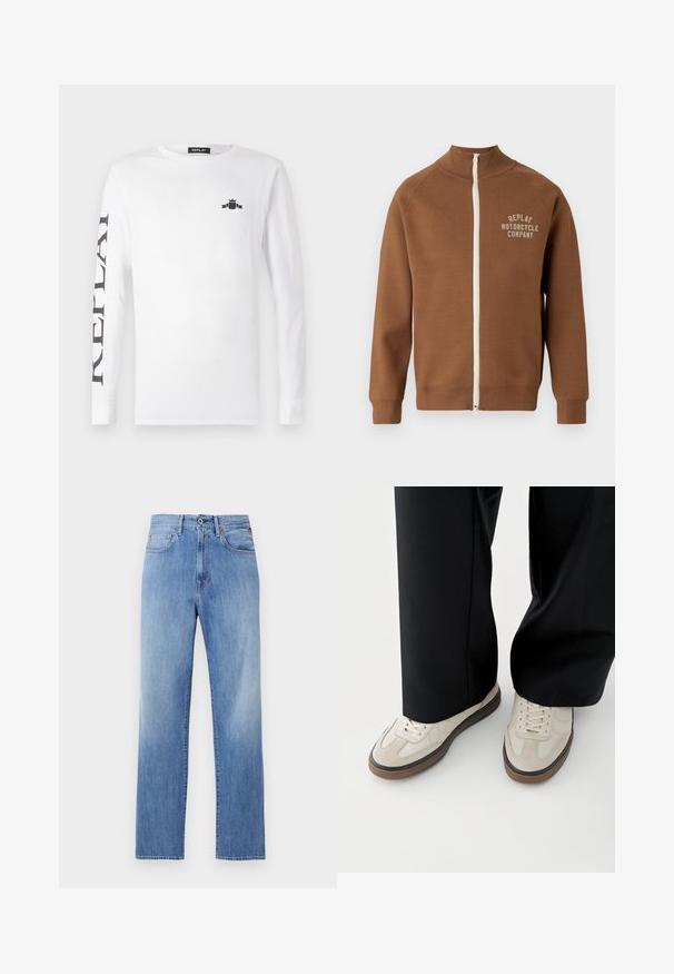 Chaqueta marrón con cremallera y cuello alzado, que presenta una cremallera crema y el logo "REPLAY MOTORCYCLE COMPANY" en beige claro en el pecho.; Camiseta blanca de manga larga hecha de algodón, con un logo negro en el pecho y "REPLAY" impreso verticalmente en la manga izquierda.; Vaqueros de mezclilla de pierna recta en azul claro con botón frontal, cremallera y diseño de cinco bolsillos sobre fondo blanco.; Pies con zapatillas beige con suelas marrones y pantalones negros de pierna ancha sobre un fondo blanco.