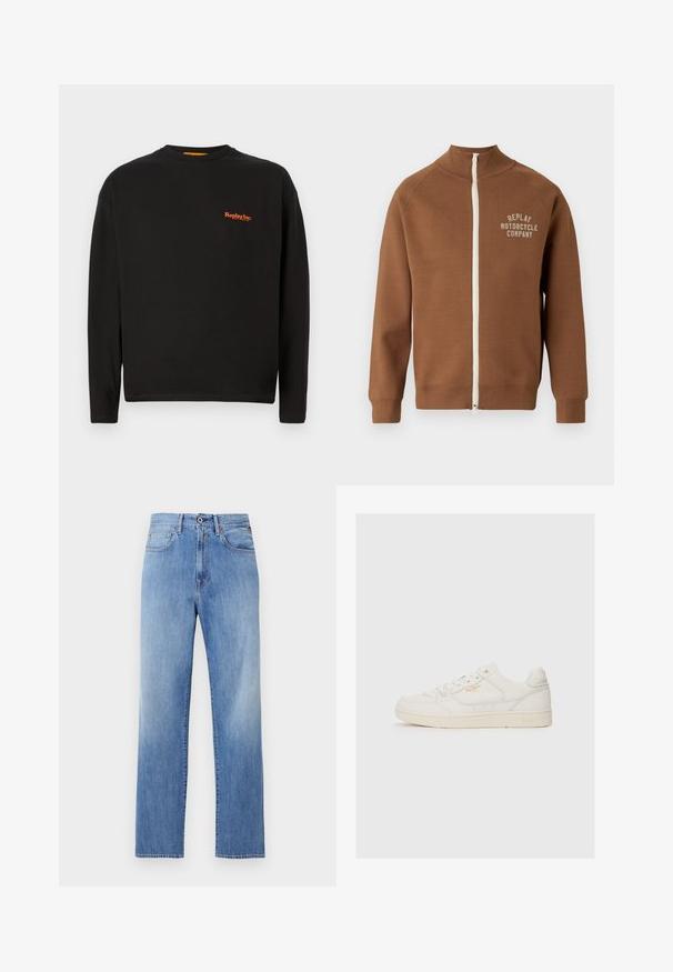 Brun lynlåsjakke med ståkrave, der har en cremefarvet lynlås og "REPLAY MOTORCYCLE COMPANY" logo i lys beige på brystet.; Sort langærmet t-shirt lavet af bomuld, der har et lille orange "Replay Inc." logo på brystet, med rund halsudskæring og almindelig pasform.; Lyseblå straight-leg denim jeans med frontknap, lynlås og fem-lomme-design på hvid baggrund.; Hvide lædersneakers med en glat overflade, der har perforerede detaljer, snørebånd fortil og et diskret logo i guld nær siden.