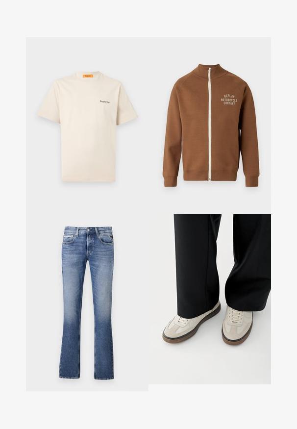 Chaqueta marrón con cremallera y cuello alzado, que presenta una cremallera crema y el logo "REPLAY MOTORCYCLE COMPANY" en beige claro en el pecho.; Replay Inc. ESSENTIAL LOGO UNISEX - Camiseta básica - ivory; Vaqueros de mezclilla azul claro con un diseño de pierna acampanada, que cuentan con cinco bolsillos, un cierre delantero de botón y un ligero desgaste en toda la prenda.; Pies con zapatillas beige con suelas marrones y pantalones negros de pierna ancha sobre un fondo blanco.