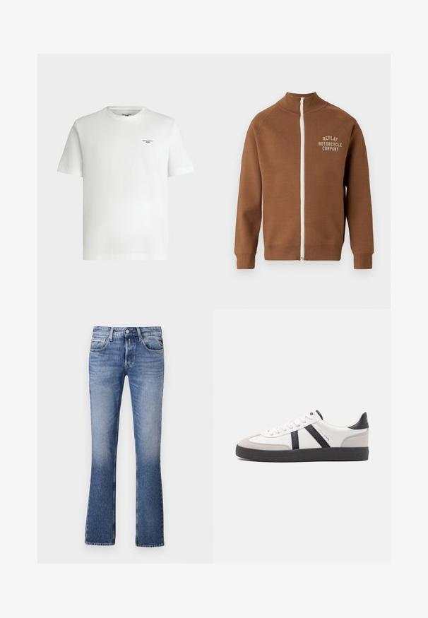 Brun lynlåsjakke med ståkrave, der har en cremefarvet lynlås og "REPLAY MOTORCYCLE COMPANY" logo i lys beige på brystet.; Hvid kortærmet t-shirt med rund hals og lille sort tekstlogo "Marc O'Polo DENIM" på øverste venstre bryst.; Lyseblå denimjeans med en udvidet ben-design, der har fem lommer, en knaplukning foran og diskret falmning overalt.; Hvide sneakers med sorte og grå detaljer, med en tekstureret grå tåhætte, sort gummisål og flade hvide snørebånd. Rent design, minimalistisk stil.