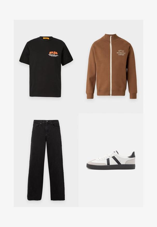Chaqueta marrón con cremallera y cuello alzado, que presenta una cremallera crema y el logo "REPLAY MOTORCYCLE COMPANY" en beige claro en el pecho.; Camiseta de algodón negra con mangas cortas, que presenta un diseño gráfico de texto en naranja y blanco en la parte delantera. Cuello redondo, ajuste relajado.; Jeans de mezclilla negra con un diseño de pierna recta, estilo de cinco bolsillos y cierre de botón. Tejido texturizado y estética minimalista.; Zapatilla blanca con acentos en negro y gris, que presenta una puntera texturizada en gris, suela de goma negra y cordones planos blancos. Diseño limpio, estilo minimalista.
