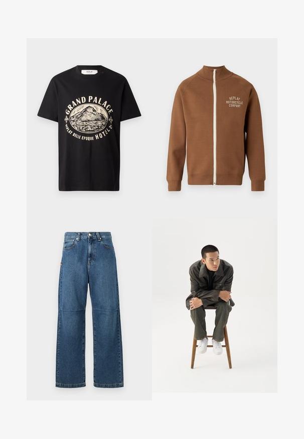 Chaqueta marrón con cremallera y cuello alzado, que presenta una cremallera crema y el logo "REPLAY MOTORCYCLE COMPANY" en beige claro en el pecho.; Camiseta de algodón negra con un estampado gráfico en beige de una montaña y texto que dice "Grand Palace Replay Belle Epoque Hotel". Diseño sencillo de cuello redondo.; Vaqueros de mezclilla azul con un ajuste relajado, piernas rectas, costura visible y un cierre de botón en la parte delantera. Presenta un bolsillo lateral con un acento.; Joven con chaqueta de cuero oscura y vaqueros sentado en un taburete de madera, inclinado hacia adelante con los brazos cruzados, mirando hacia un lado contra un fondo blanco.