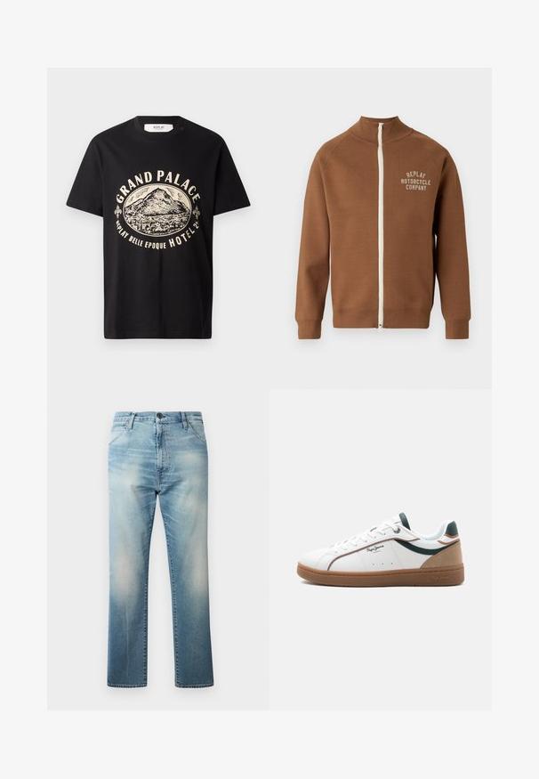 Chaqueta marrón con cremallera y cuello alzado, que presenta una cremallera crema y el logo "REPLAY MOTORCYCLE COMPANY" en beige claro en el pecho.; Camiseta de algodón negra con un estampado gráfico en beige de una montaña y texto que dice "Grand Palace Replay Belle Epoque Hotel". Diseño sencillo de cuello redondo.; Replay WAINE PANTS - Vaqueros boyfriend - light blue; Zapatilla baja blanca con suela marrón, detalles en verde y beige, cordones blancos y el logo "Pepe Jeans London" en el lateral.