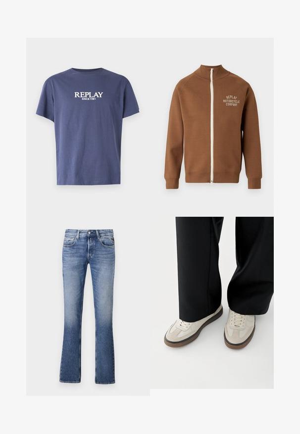 Chaqueta marrón con cremallera y cuello alzado, que presenta una cremallera crema y el logo "REPLAY MOTORCYCLE COMPANY" en beige claro en el pecho.; Camiseta de algodón azul marino con cuello redondo, mangas cortas y texto blanco "REPLAY SINCE 1981" impreso en la parte delantera. Diseño sencillo, sin patrones.; Vaqueros de mezclilla azul claro con un diseño de pierna acampanada, que cuentan con cinco bolsillos, un cierre delantero de botón y un ligero desgaste en toda la prenda.; Pies con zapatillas beige con suelas marrones y pantalones negros de pierna ancha sobre un fondo blanco.