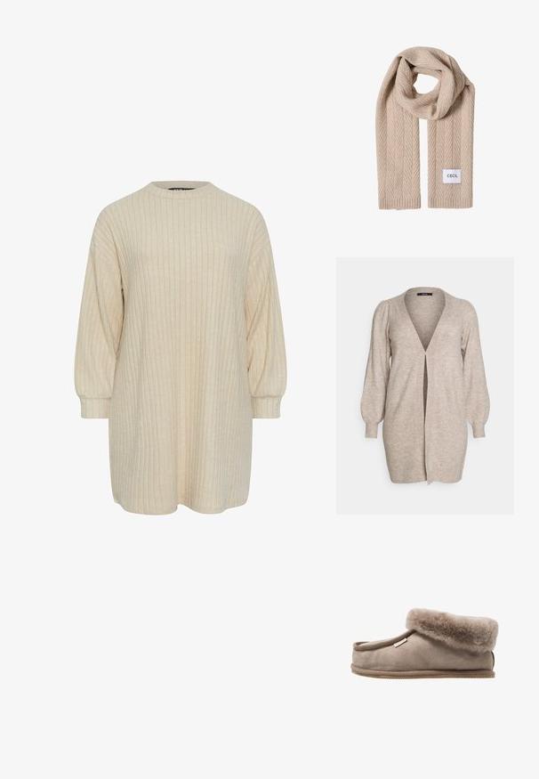Vero Moda Curve Knitted VMRUBELLEFILE Knit - Cardigan - silver mink; Beige ribbet kjole med høj rund halsudskæring og lange puffærmer. Blød tekstur, knælang længde og subtil vertikal mønsterdetalje.; Brune ruskinds hjemmesko med en blød, fluffy manchet, afrundet tå og en struktureret sål. Designet har en syet kant og et lille mærke.; Beige strikket tørklæde med et fiskebensmønster og ribbet tekstur. Har et lille hvidt mærke med "CECIL" i sort tekst.