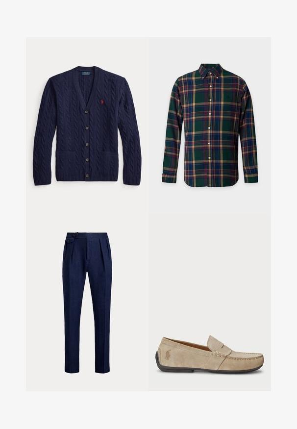 Mørkeblå kabelstrikket cardigan med knapper, to forlommer og et lille rødt broderet logo på venstre bryst.; Skjorte med lange ærmer og knapper med tern i grøn, navy, rød og beige og en knappet krave.; Marineblå skræddersyede bukser med forplissering foran og en justerbar strop med knap i linningen.; Beige ruskindsloafers med syninger, flad gummisål og et lille logo på siden. Klassisk slip-on design, blød tekstur.