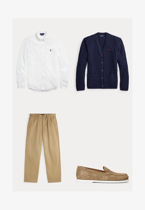 Cardigan bleu marine en maille torsadée avec boutons, deux poches avant et un petit logo rouge brodé sur la poitrine gauche.; Chemise blanche à manches longues avec boutons, col boutonné et petit logo Polo Ralph Lauren foncé sur la poitrine gauche.; Pantalon beige droit sur mesure avec passants de ceinture, fermeture par bouton et plis devant, posé à plat sur fond blanc.; Mocassin en daim marron clair style mocassin avec semelle blanche et coutures visibles le long du bout et des côtés, présenté en profil latéral.