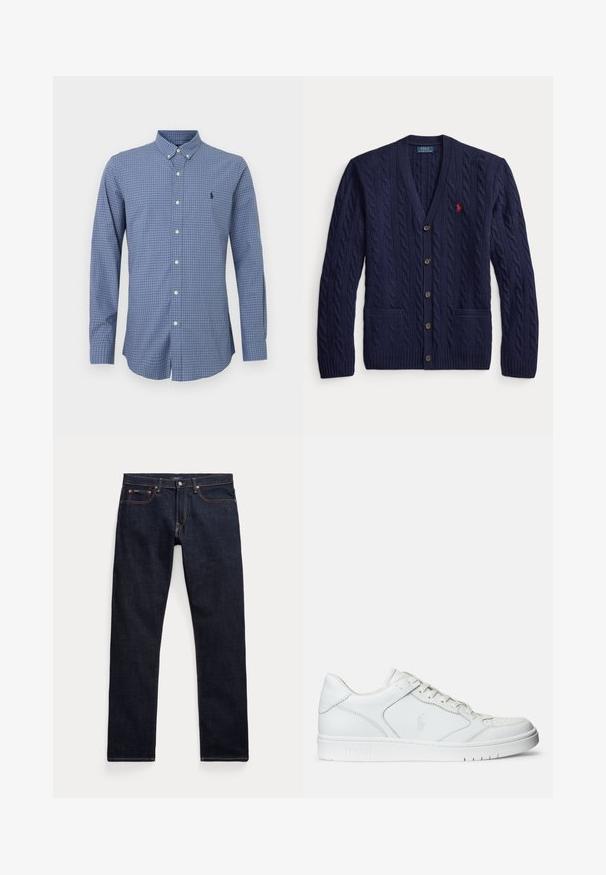 Cárdigan azul marino de punto trenzado con botones, dos bolsillos delanteros y un pequeño logo rojo bordado en el pecho izquierdo.; Camisa de botón de manga larga con un patrón de cuadros en azul. Hecha de algodón, con un cuello botón y un pequeño logo en el pecho.; Vaqueros de mezclilla azul oscuro con cinco bolsillos, remaches de cobre y costuras en contraste, colocados planos sobre un fondo blanco.; Zapatilla de cuero blanca con textura suave, que presenta una puntera perforada, cierre de cordones y logo bordado en el lateral. Suela de goma blanca.