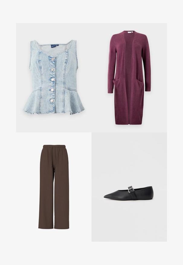 Lange open voorkant cardigan in pruimkleur met lange mouwen, twee voorzakken en geribbelde mouwen en zoom.; Lichtblauwe denim peplumtop met een ronde halslijn, zes zilveren drukknoopjes en gestikte details overal.; Bruine broek met wijde pijpen, elastische tailleband en trekkoord, getoond tegen een effen witte achtergrond. Geen zichtbare logo’s of patronen.; Zwarte leren platte schoen met puntige neus en zijriem met gesp. Gladde textuur, minimalistisch ontwerp, laag profiel. Geschikt voor casual draagstijl.