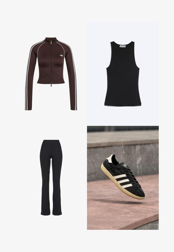 Mørkebrun cropped træningsjakke med forlynlås, høj krave, hvide sidelstriber på ærmerne og lille hvid Adidas-logo på brystet.; Sort ærmeløs tætsiddende top med rund halsudskæring og Weekday-brandlabel bag på kraven, på hvid baggrund.; Sorte højtaljede, tætsiddende yogabukser med udvidede ben, præsenteret mod en hvid baggrund.; Sort Adidas sneaker med hvide striber og beige sål, fanget i luften over en stenet overflade og baggrund af en stenmur.