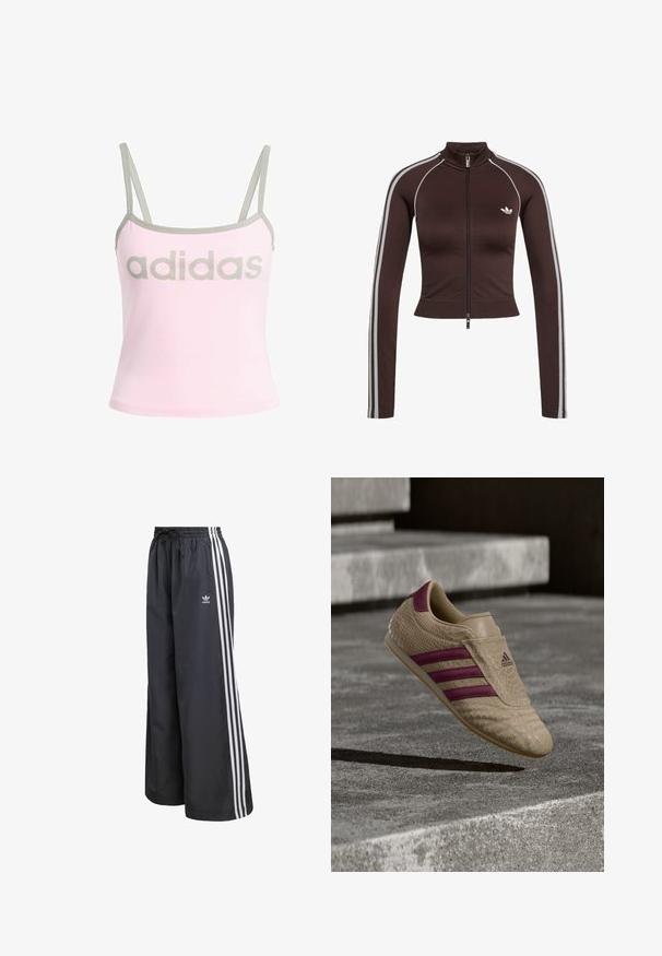 Donkerbruine cropped trainingsjas met ritssluiting aan de voorkant, hoge kraag, witte zijstrepen op de mouwen en klein wit Adidas-logo op de borst.; Lichtroze tanktop met grijze details en verstelbare spaghettibandjes, met een groot, gecentreerd grijs "adidas" logo. Katoenen materiaal.; Zwarte sportbroek van lichtgewicht materiaal, met drie witte verticale strepen en een elastische tailleband met trekkoord.; Lichtbruine sneaker met een gestructureerd slangenhuidpatroon, met paarse strepen en accenten. Rubberen zool en Adidas-logo aan de zijkant.
