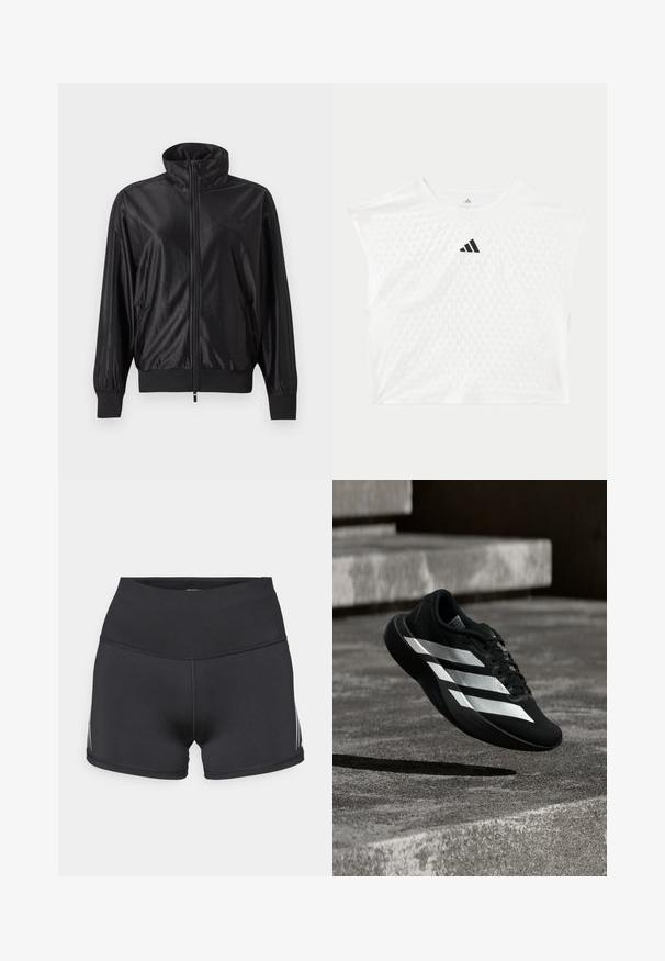 Sort fuld lynlås træningsjakke med høj krave, ribstrikkede manchetter og kant, sidelommer og subtilt logo på venstre bryst.; Hvid Adidas kortærmet atletisk skjorte med tekstureret prikmønster og sort Adidas-logo centreret på brystet.; Sorte atletikshorts med højt taljebånd, lavet af strækstof. Har hvide sidelommer og flatlock-sømme for komfort.; Sort løbesko med tre hvide striber, der svæver over betontrin og kaster en skygge nedenunder.