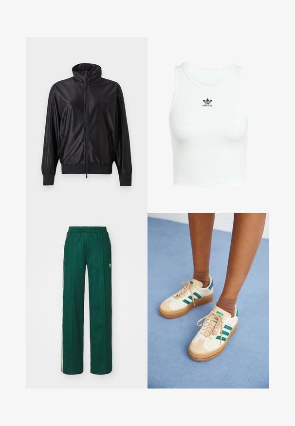 Schwarze Trainingsjacke mit durchgehendem Reißverschluss, hohem Kragen, gerippten Bündchen und Saum, seitlichen Taschen und dezentem Logo auf der linken Brust.; Weißes Baumwoll-Tanktop mit einer enganliegenden Rippenstruktur, rundem Halsausschnitt und gesticktem schwarzem Adidas-Logo auf der Vorderseite.; Dunkelgrüne Sporthose mit lockerer Passform, ausgestattet mit einem Kordelzugbund, Seitentaschen und cremefarbenen Streifen an den Seiten.; Beige Sneakers mit dunkelgrünen Streifen, Gummisohle, Obermaterial aus Wildleder und Textil sowie neutralen Hardwareteilen, kombiniert mit braunen Socken auf einer hellblauen Oberfläche.